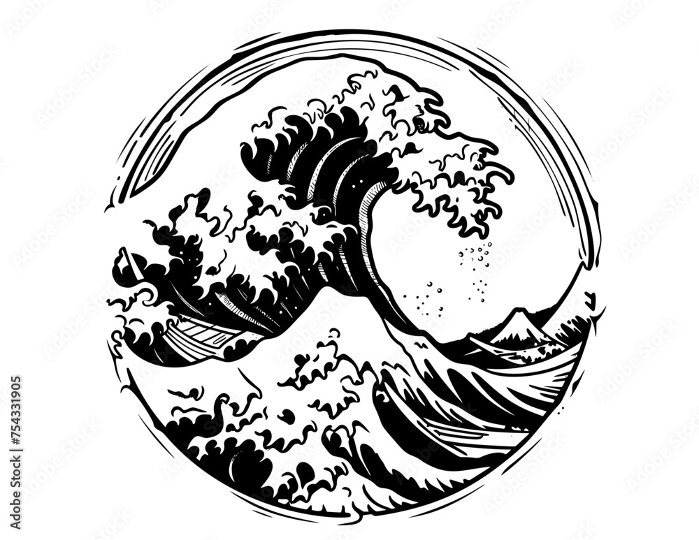 Obraz premium Sea waves. Vintage vector engrave black illustration. Isolated on white 