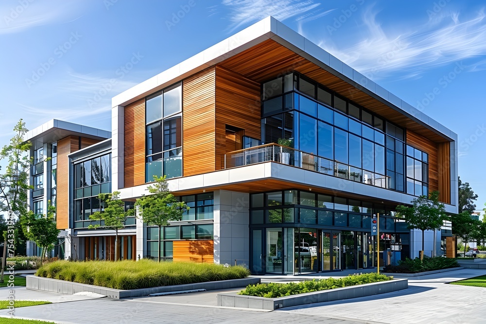 Modern Office Building with Wood Accents and Large Windows in RED pool, Canada, To showcase a modern and eco-friendly office building with wooden