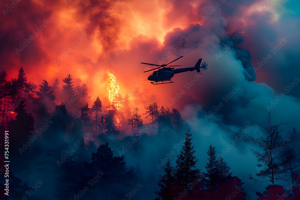 Fototapeta premium Helicopter Flying Over Forest Fire, To showcase the power and danger of a forest fire, and the role of helicopters in firefighting and rescue missions