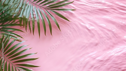 Tropical palm leaves in the water on a pink background with a place to copy text. The concept of recreation, tourism and sea travel. © Cherkasova Alie