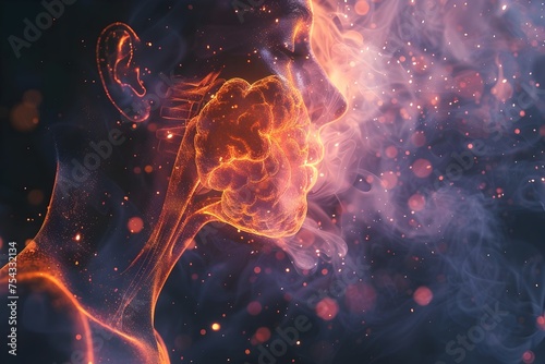 Abstract Human Body in Space with Glowing Brain and Smoke, To convey a message of creativity, innovation, and intelligence through a unique artistic
