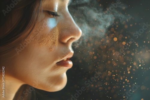 Woman with Gold-Infused Smoke Realistic to Ethereal and Dreamy Pointillism, Conveying the artistic expression of gold and smoke in various styles and photo