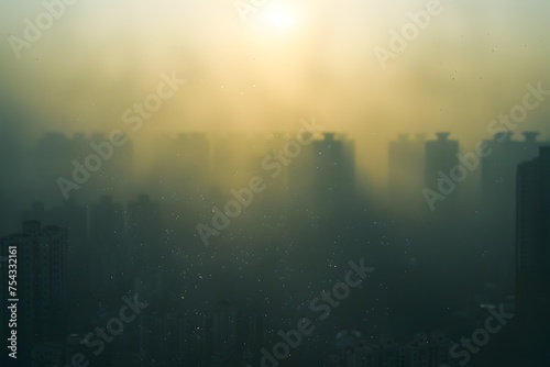 City in Fog at Sunrise with Canvas Texture, To capture the contrast between nature and urbanization with a surreal and dreamy twist, suitable as a