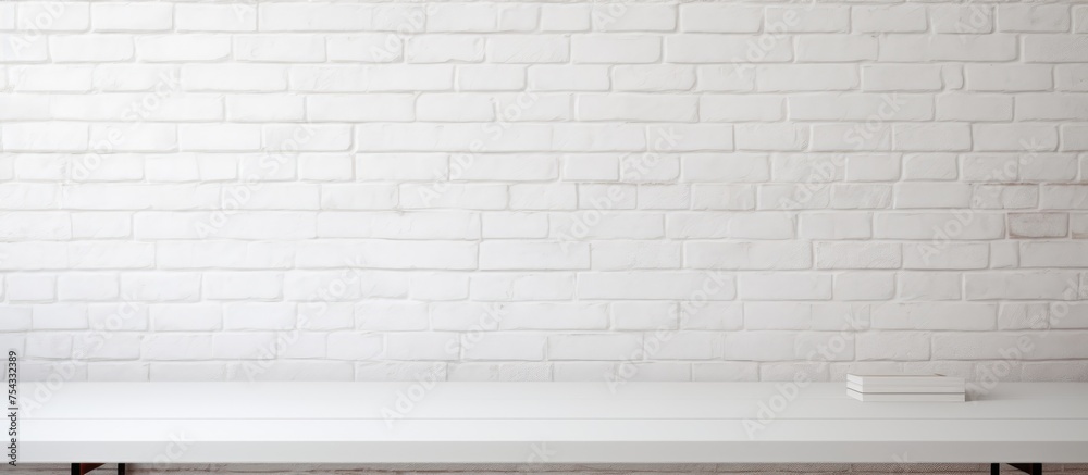 A white table is positioned in front of a white brick wall, creating a clean and minimalist backdrop for product displays. The table is empty,