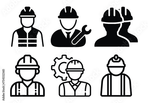 Construction worker icon set in line and flat style. Construction safety helmet and clothing icon symbol.