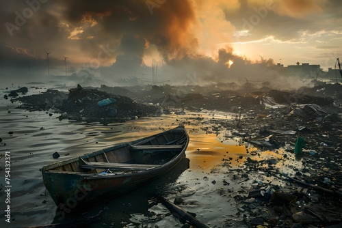 Abandoned Boat on the Shore of a Polluted Sea, To convey a message of environmental destruction and pollution, with a focus on the impact of human