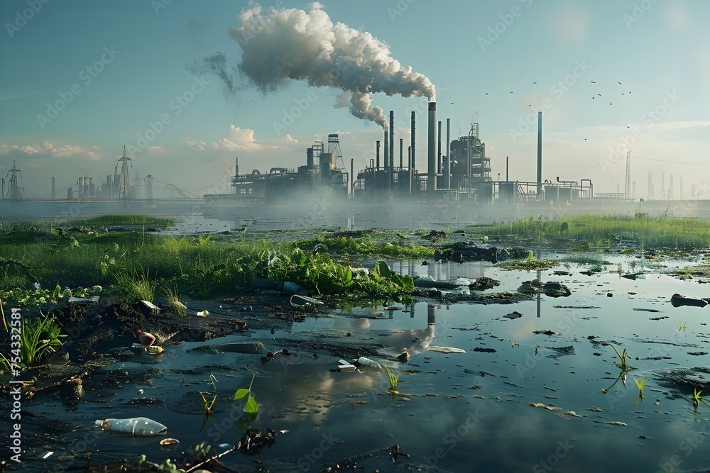 Industrial Plant Surrounded by Garbage and Water, To highlight the impact of industrialization on the environment and promote conservation efforts