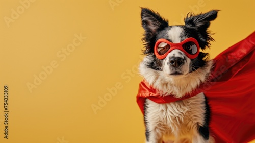 Dog super hero costume with a red mask for carnival party isolated yellow background, generative ai