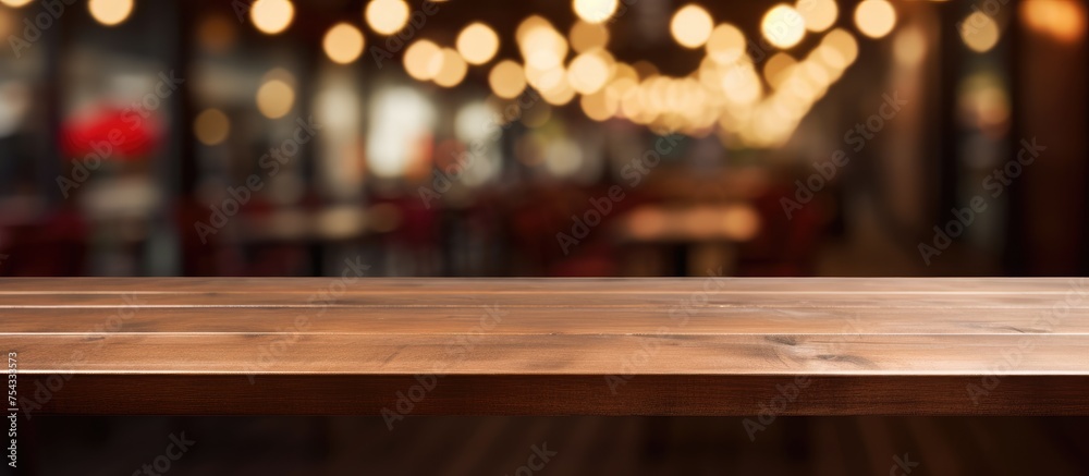A dark wooden table sits empty in front of a blurred background of cafe lights, creating a warm and inviting atmosphere.