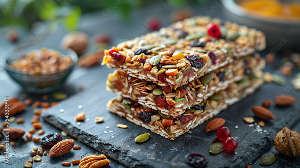 Stacked homemade granola bars packed with nuts, seeds, and dried fruits. 