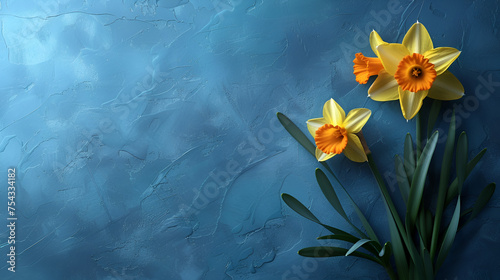 Daffodils laid on isolated backgrounds, copy space, generative ai
