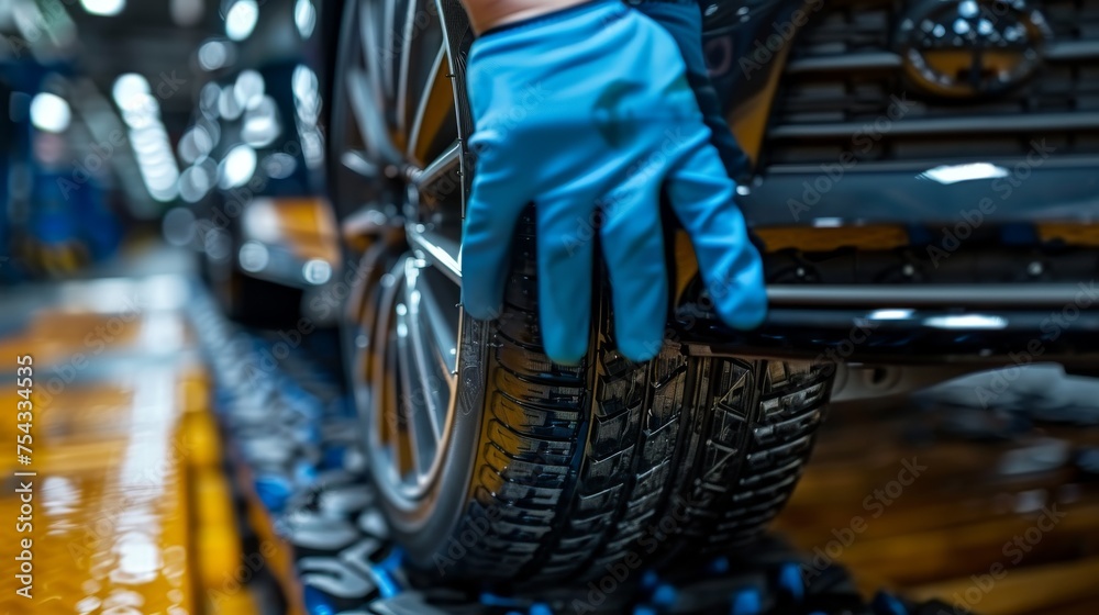 mechanic changing car wheel tire with pneumatic wrench in auto service mechanic changing car wheel tire with pneumatic wrench in auto service