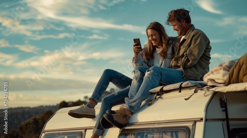 Happy couple using mobile phone while sitting on roof of their camper trailer in nature5 photo