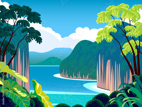 Tropical southeast asian landscape with traditional jungle and plants in the front and islands, sea and yachts in the background. Retro travel poster. Handmade drawing vector illustration.