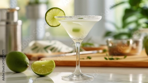 Generative AI, margarita cocktail on the table in the white kitchen with lime. Alcoholic drink