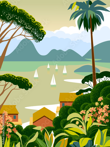 Tropical southeast asian landscape with traditional jungle and plants in the front and islands, sea and yachts in the background. Retro travel poster. Handmade drawing vector illustration.