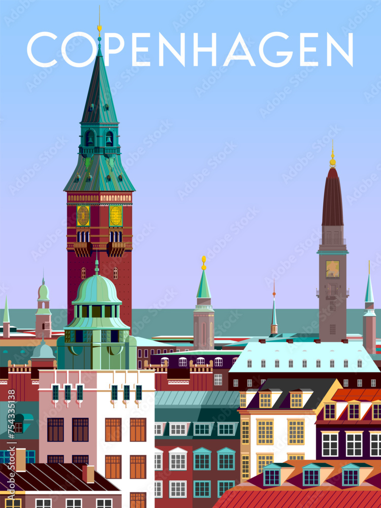 Copenhagen Denmark cityscape with traditional houses, roofs, churches, bell towers. Retro style vector poster. - obrazy, fototapety, plakaty 