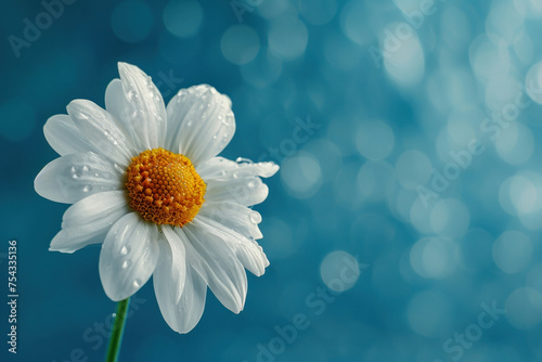 Beautiful white daisy with water droplets on petals against a blue background, symbolizing purity and freshness