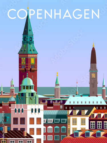 Copenhagen Denmark cityscape with traditional houses, roofs, churches, bell towers. Retro style vector poster. © alaver