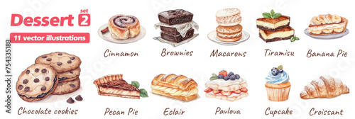 Set of vector watercolor pastry and dessert icons isolated on white background for game design. Tasty sweets for game collection: ice cream, macaroon, muffin, pudding, cake. 