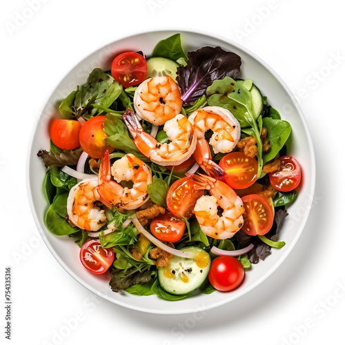 salad with shrimp in a plate top view on a white background сreated with Generative Ai