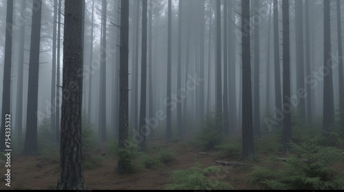 Generative AI  Misty fir forest beautiful landscape in hipster vintage retro style  foggy mountains and trees