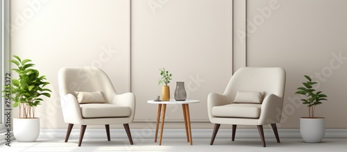 Two beige chairs placed on a grey carpeted floor in a living room. A coffee table between them holds books and a plant. The room has windows with a mirror on the side. There are no people in the room.