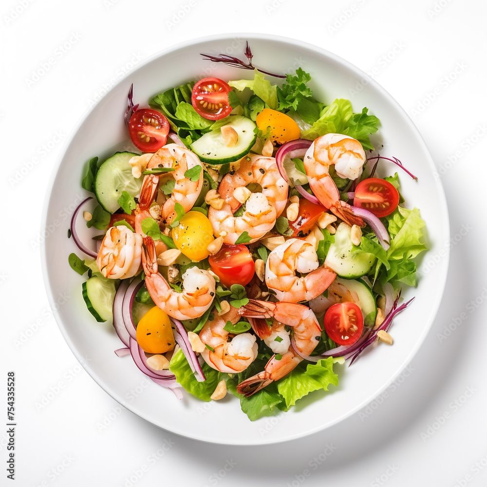 salad with shrimp in a plate top view on a white background сreated with Generative Ai salad with shrimp in a plate top view on a white background сreated with Generative Ai