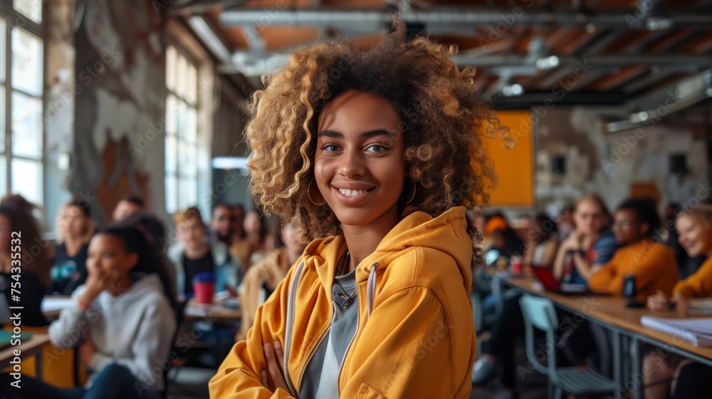 Portrait of a cheerful young woman with curly hair attending a creative workshop with peers in background.