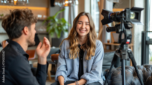 A young female content creator conducting an interview with a guest, with a professional video camera setup in the foreground.