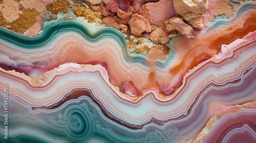 Generative AI, natural volcanic agate stones close-up light pink, green and golden texture. Wallpaper background, quartz marble, decorative rock pattern.