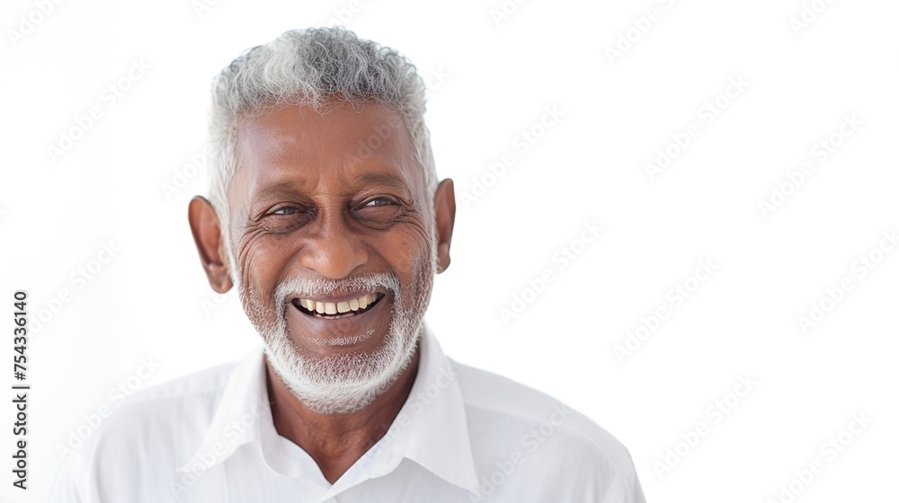 Closeup photo portrait of an elderly south Asian man wearing a white shirt on a white background - obrazy, fototapety, plakaty 