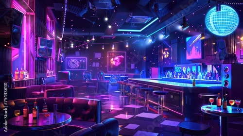 nterior of a nightclub with DJ stand and speakers in the arena, dance floor, tables with bottles and cocktails in glasses. Chairs and sofas for visitors Disco ball bar on the ceiling photo