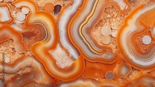 Generative AI, natural volcanic agate stones close-up light orange, apricot crush and golden texture. Wallpaper background, quartz marble, decorative rock pattern..
