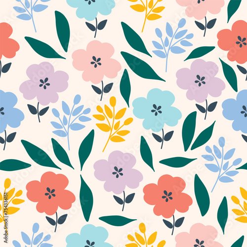 Seamless pattern with colorful flowers. Hand drawn floral pattern for your fabric, summer background, gift paper, wallpaper, backdrop, textile. Vector illustration