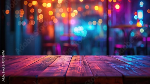 Empty wooden table with neon light bokeh background, night view, blurred bokeh lights background, generative ai