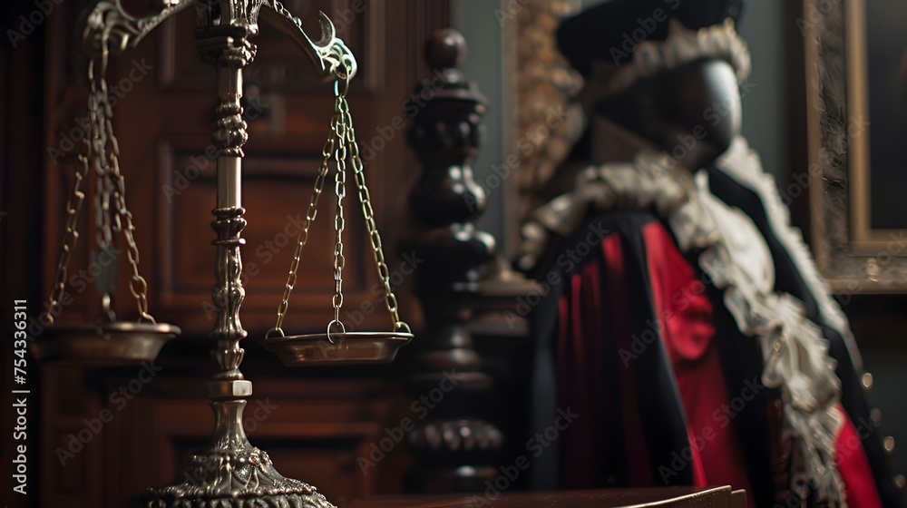 Rhodium-Plated Scales of Truth in Elegant Chamber with Barristers Attire and Gavel