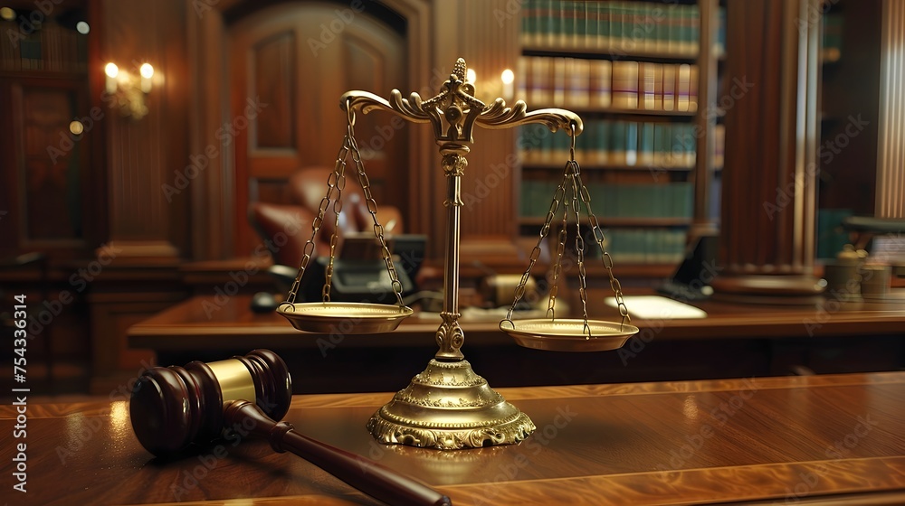 Golden Scales of Justice and Elegant Gavel on Mahogany Desk in Courtroom Golden Scales of Justice and Elegant Gavel on Mahogany Desk in Courtroom