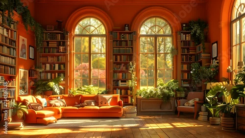 A whimsical cartoon library with antique books, a luxurious reading corner and large windows. seamless looping 4k time-lapse animation video background photo