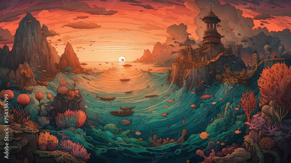 Generative AI, ocean in the sunset linear illustration, psychedelic manga style, highly detailed. Anime colorful style