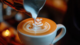 Coffee latte art making by barista, Cup of coffee with beautiful Latte art on white cup, generative ai