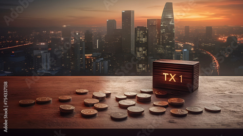 coins and calculator on the table with city skyline