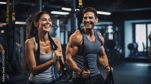 A fit  happy woman trains with a smiling instructor during a workout at the gym. Sports  Fitness  Motivation  Physical Education  Healthy Active Lifestyle concepts.