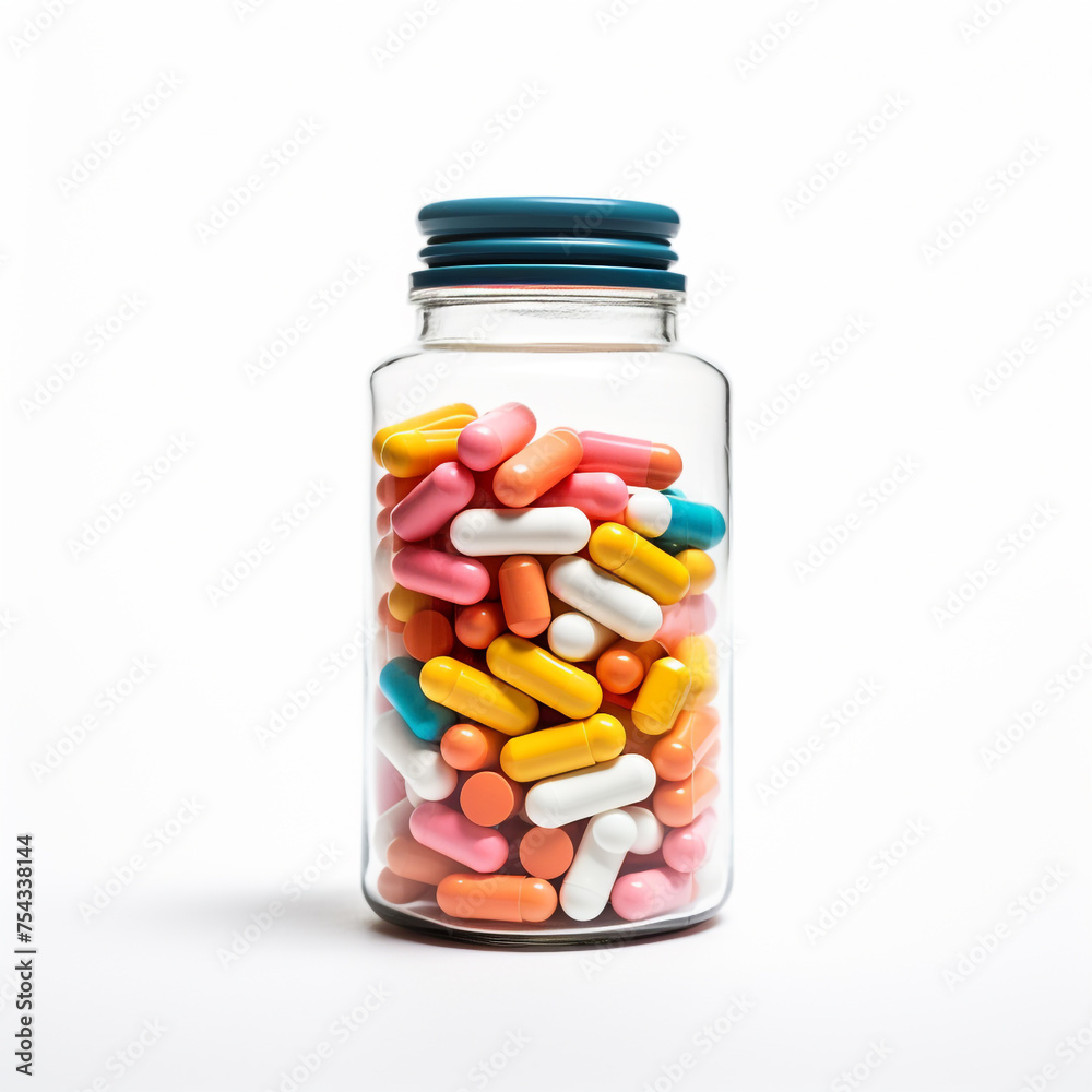 pills in a transparent bottle on a white background сreated with Generative Ai pills in a transparent bottle on a white background сreated with Generative Ai