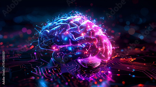 High-Tech Purple and Blue Brain with blue particals with dark background,  Black Background, Generative AI photo