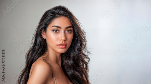 Closeup portrait photograph of a young asian woman with long black hair on a grey background with copyspace