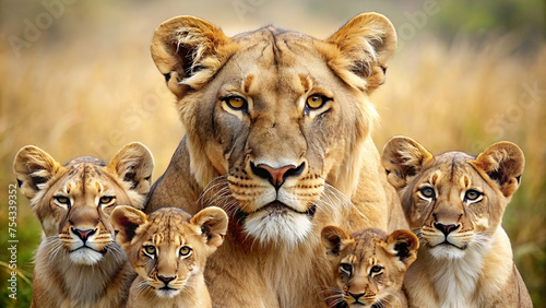 lioness and lion with four cubs photo