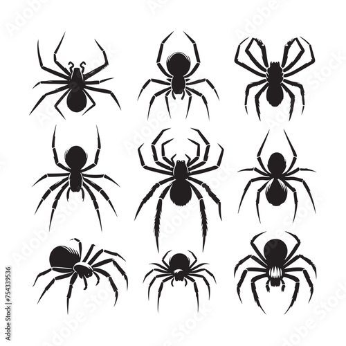 Creepy Crawlers: Vector Spider Silhouette Collection for Halloween Designs, Arachnid Illustrations, and Nature-themed Artwork. Black spider vector. © Wolfe 