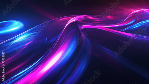 Purple shiny chrome waves abstract background. Bright smooth waves on a dark background. Decorative horizontal banner. Digital artwork raster bitmap illustration. AI artwork. 