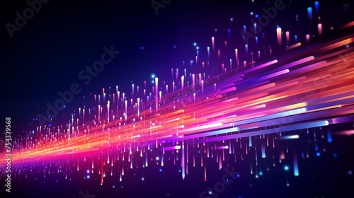 Glowing abstract background. Flying neon sparkles on a dark background. Decorative horizontal banner. Digital artwork raster bitmap illustration. Purple bright colors. AI artwork.